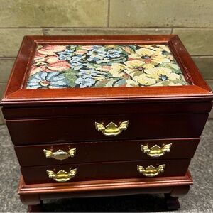 Wooden Jewelry Box with Floral Tapestry